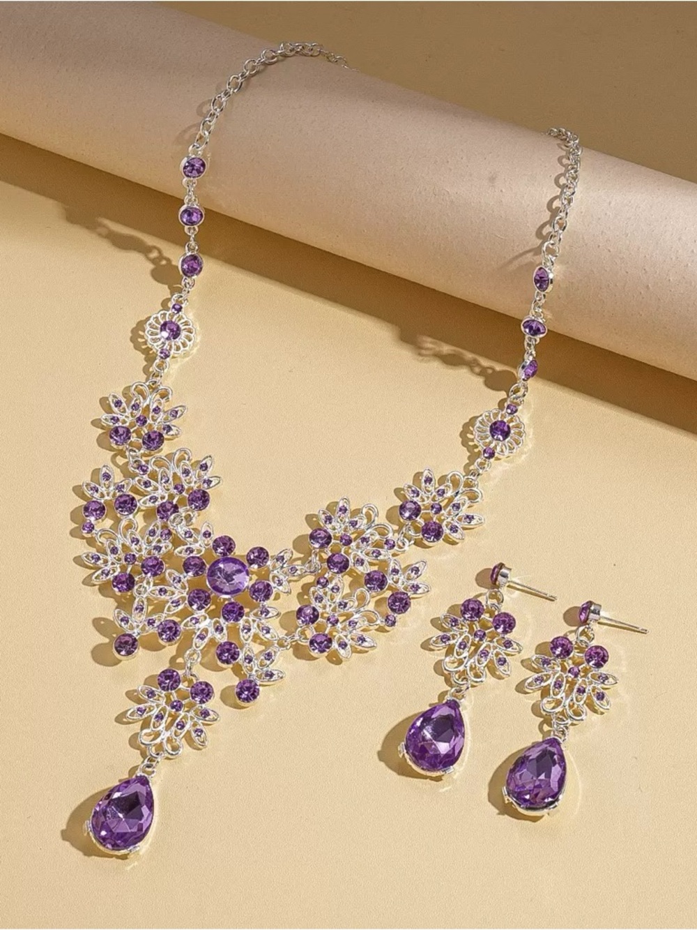 Anthropologie Silver-Tone Necklace with Purple Crystal Drops